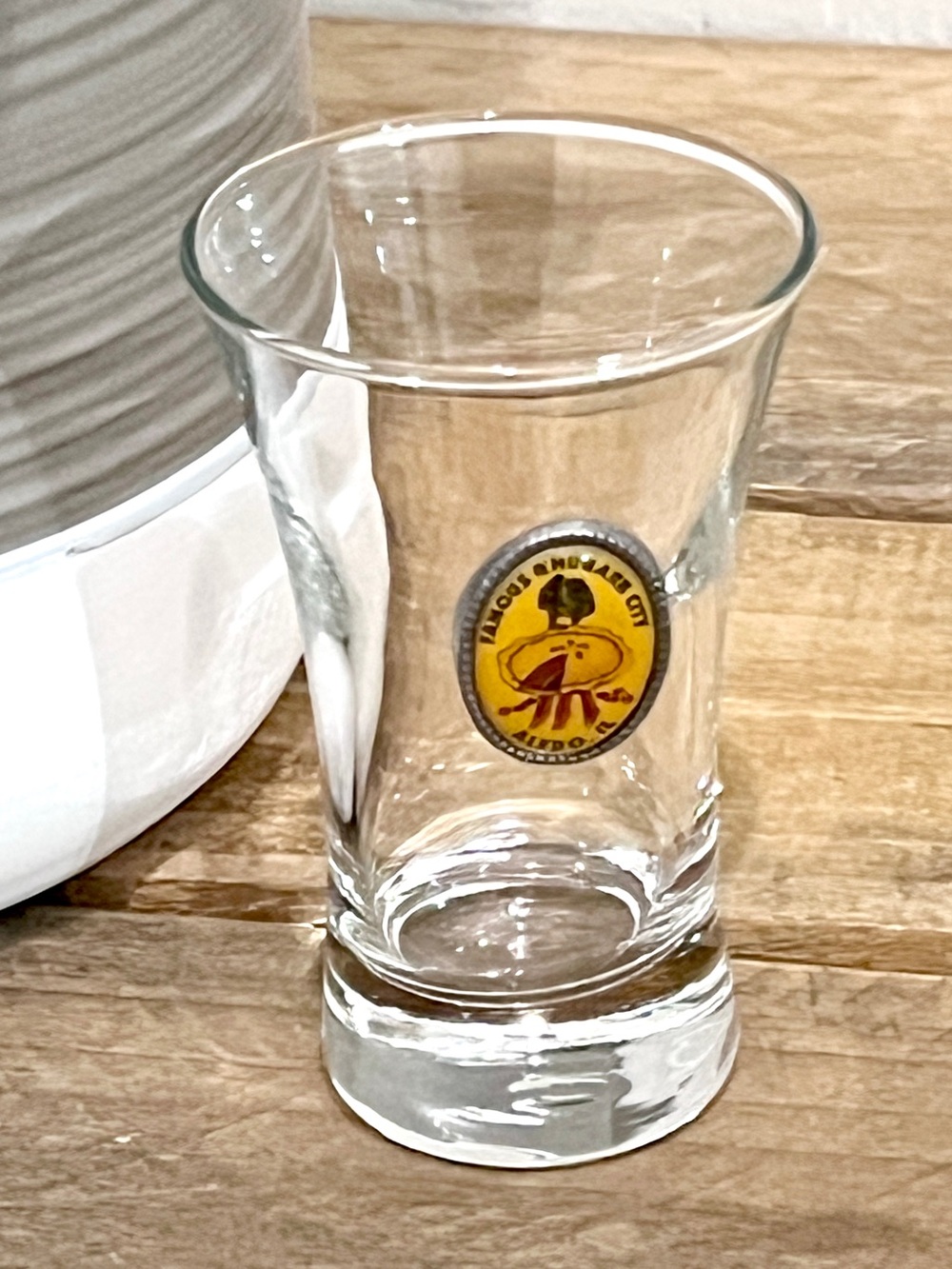 Vintage Famous Rhubarb City Aledo IL Souvenir Flared Shot Glass Illinois